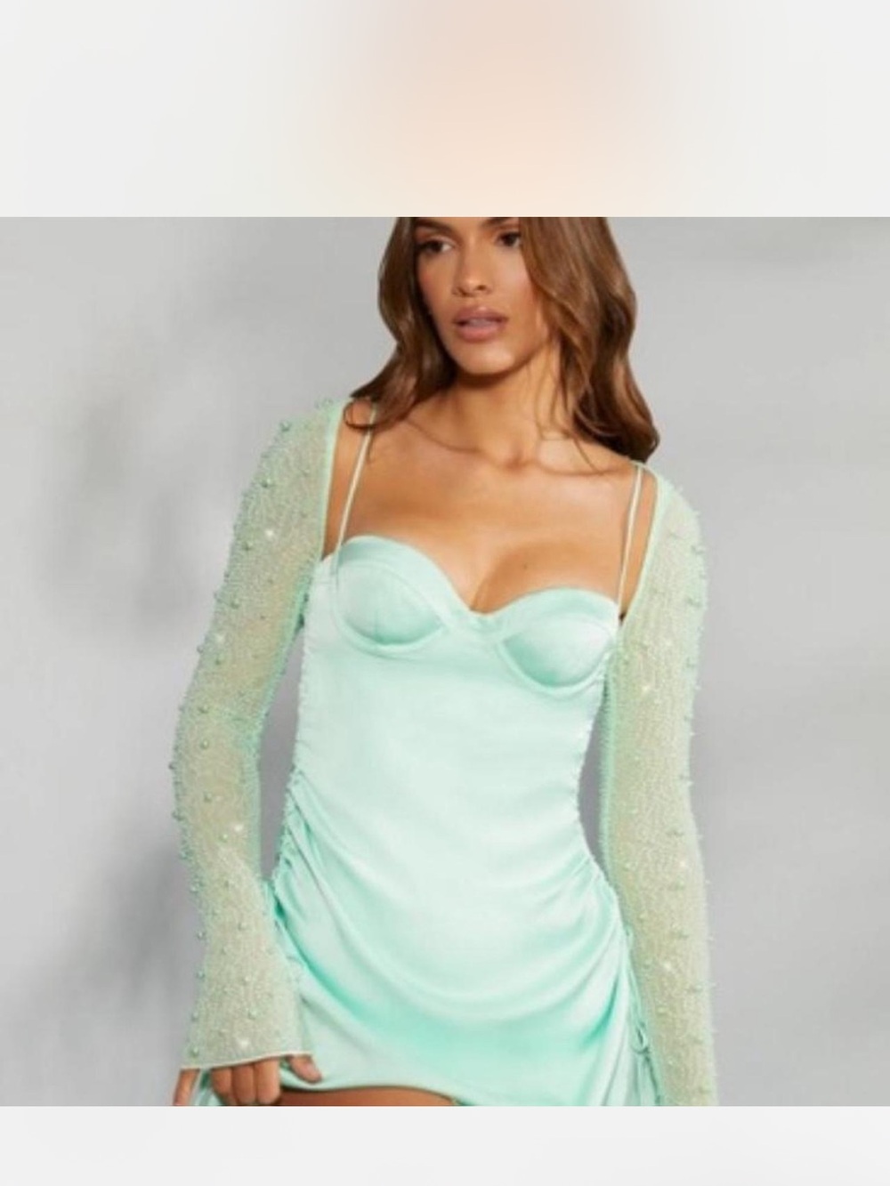 Oh Polly Mint Green Beaded Sleeve Satin Mini Dress